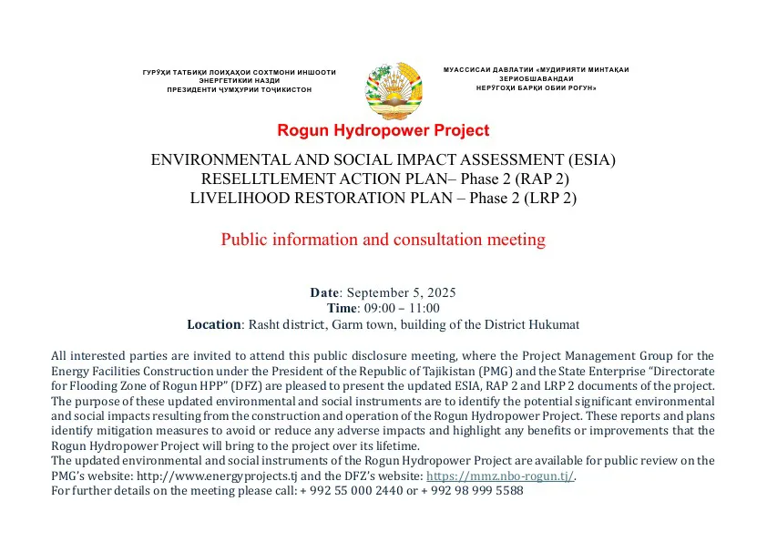 Environmental and Social Impact Assessment (ESIA) Resettlement Action Plan - Phase 2 (RAP 2) Livelihood Restoration Plan